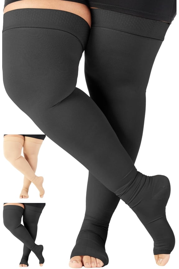 Plus Size Open Toe Unisex Compression Thigh High 20-30mmHg - Black, 4XL