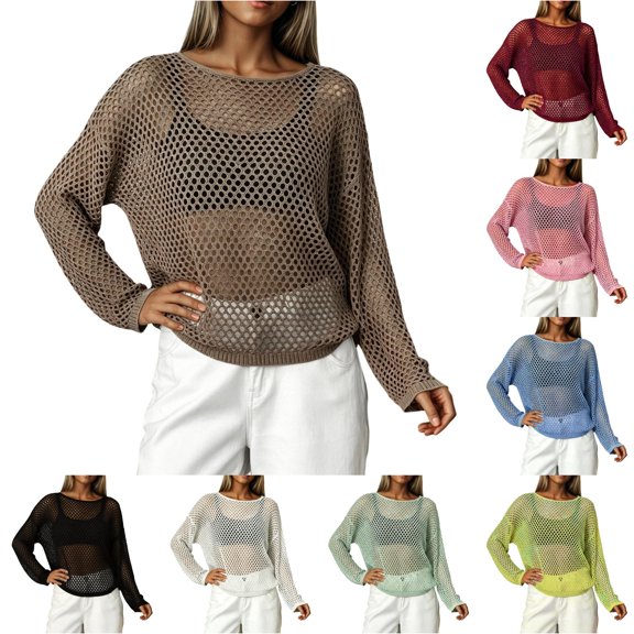 Plus Size Openwork Cover Up Summer Soft Loose Long Sleeve Knit European Style Acting Pro Tunic Cute plus Size Tops for Women Womens Summer Tops plus Size Women plus Size Fall Tops plus Size Holiday