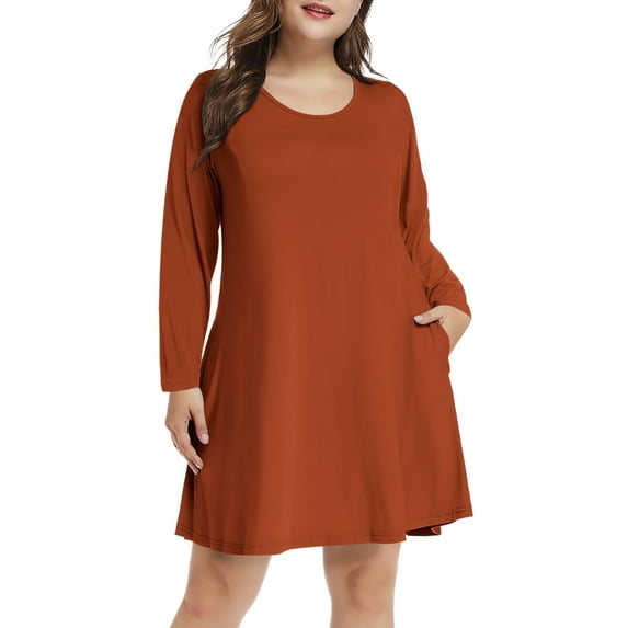 Plus Size Orange Dresses for Women, VEPKUL Crew Neck T Shirt Dress Long Sleeve Casual Loose Swing Fall Dress with Pockets