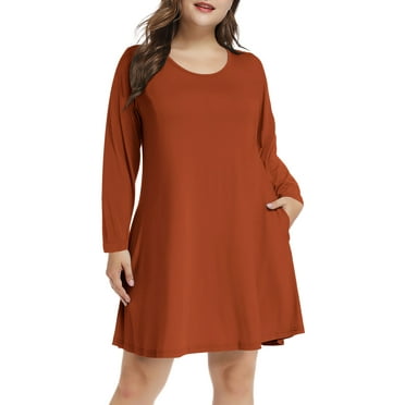 Plus Size Orange Dresses 5X for Women, VEPKUL Crew Neck T Shirt Dress 2024 Long Sleeve Casual Loose Swing Fall Dress with Pockets