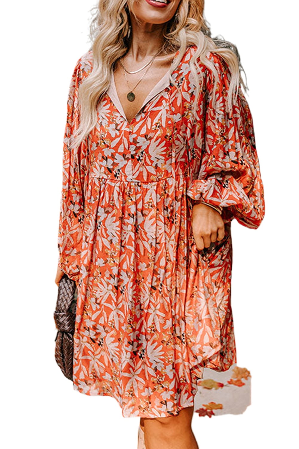 Plus Size Orange O-Neck Print Cozy Robe Dresses Summer