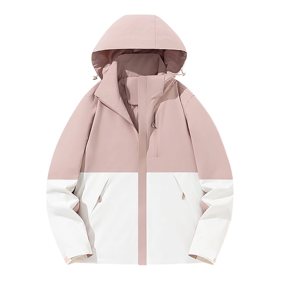 Plus Size Outdoor Hiking Jackets for Women Colorblock Waterproof Hooded Outwear Jacket Light Weight Loose Casual Coats White, 2XL