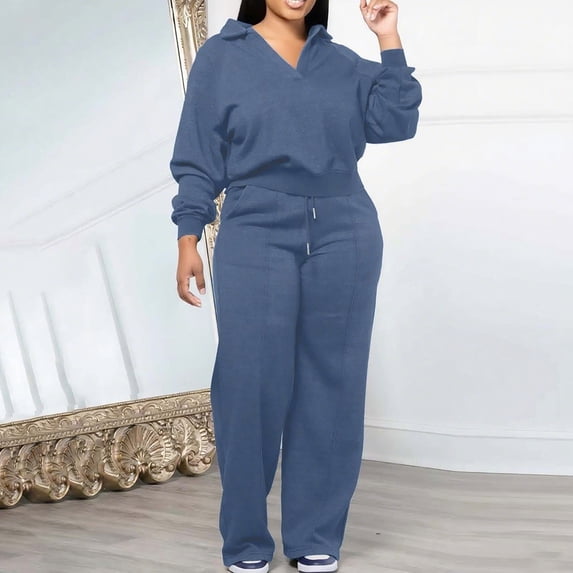 Plus Size Outfit Sets for Women,Two Piece Sweatsuits,Long Sleeve V-Neck Collared Blouse and Pants Sleepwear S-3XL