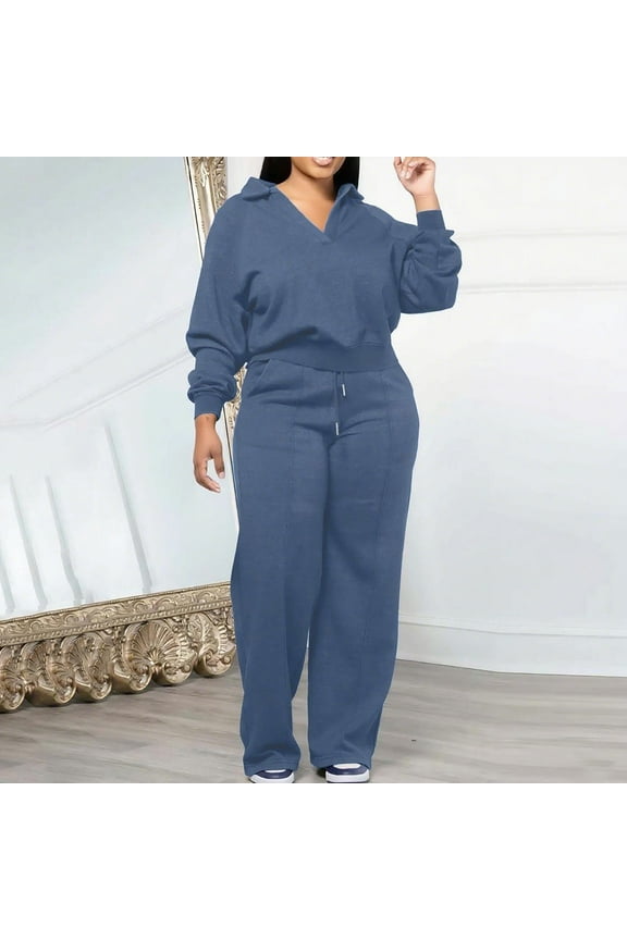 Plus Size Outfit Sets for Women,Two Piece Sweatsuits,Long Sleeve V-Neck Collared Blouse and Pants Sleepwear S-3XL