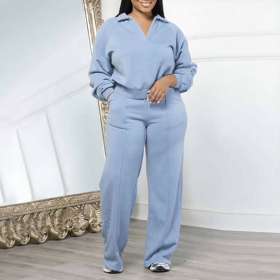 Plus Size Outfit Sets for Women,Two Piece Sweatsuits,Long Sleeve V-Neck Collared Blouse and Pants Sleepwear S-3XL