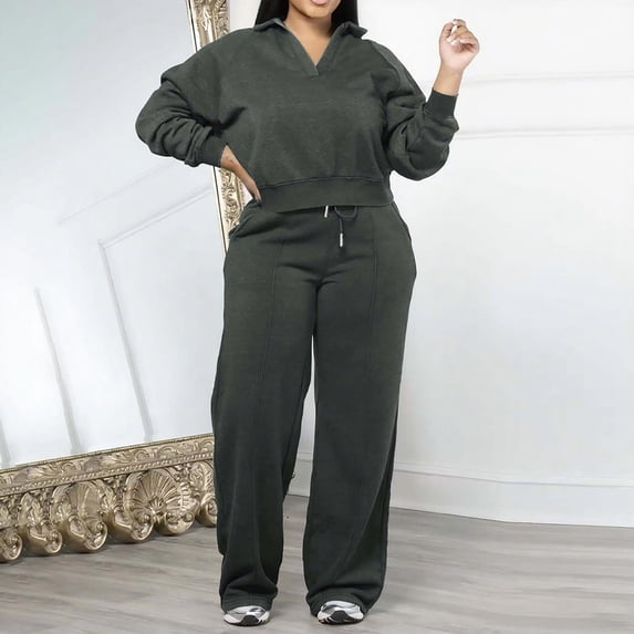 Plus Size Outfit Sets for Women,Two Piece Sweatsuits,Long Sleeve V-Neck Collared Blouse and Pants Sleepwear S-3XL