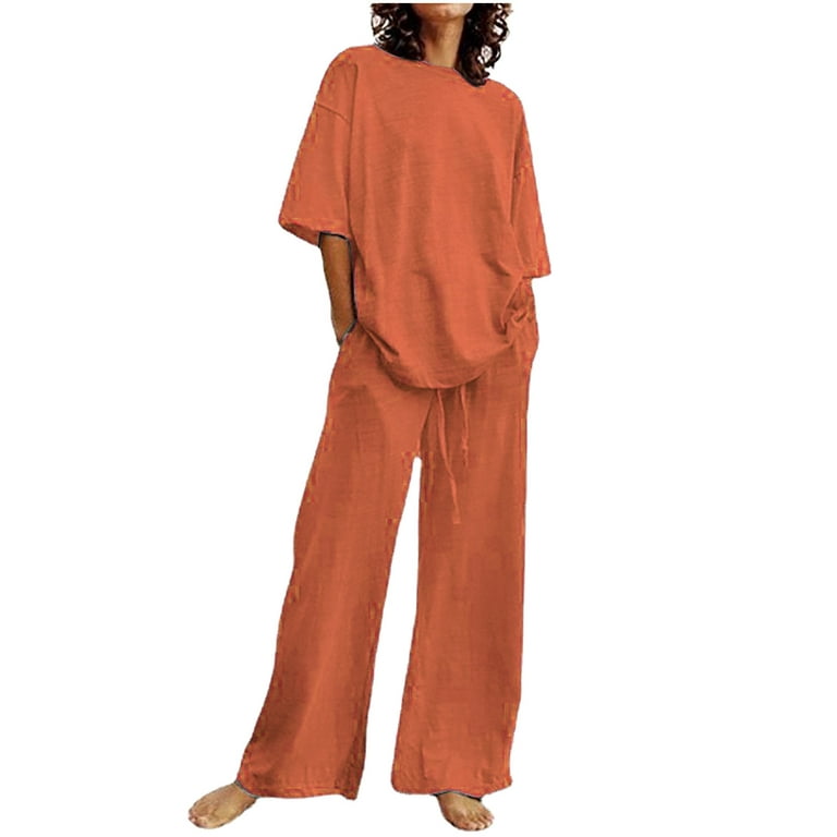 Plus Size Outfits for Women 2 Piece Cotton Linen Lightweight Summer Casual  Loose Tops Wide Leg Pants Lounge Sets (4X-Large, Orange) 