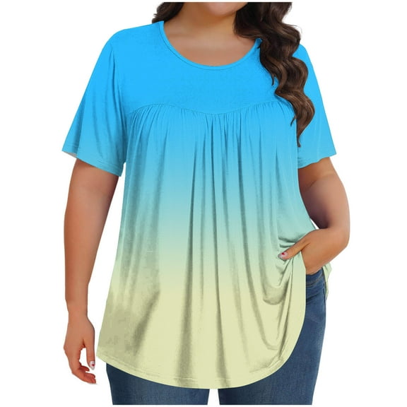 Plus Size Outfits for Women Summer Gradient Color Pleated Flowy Tunic Tops Loose Crewneck Short Sleeve Tshirts (XL, Sky Blue)