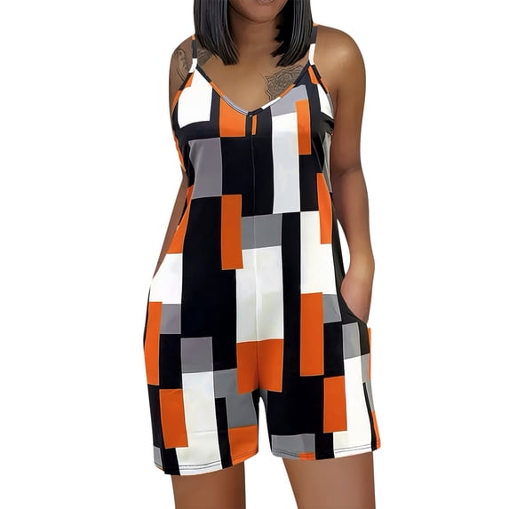 Plus Size Overall Shorts For Women Crew Neck Sleeveless Print Halter Romper Summer Trendy Jumpsuit With Pockets (XL, Orange)