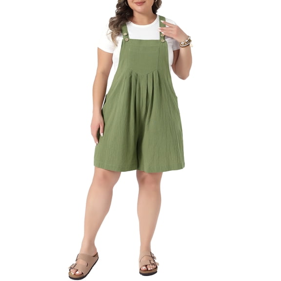 Agnes Orinda Women's Plus Size Overall Shorts Adjustable Strapes Sleeveless Pleated Jumpsuit Rompers Summer Casual Overalls Shortalls with Pocket 2X Green