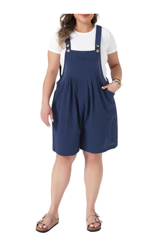 Women's Plus Size Overall Shorts Adjustable Strapes Sleeveless Pleated Jumpsuit Rompers Summer Casual Overalls Shortalls with Pocket L Navy Blue
