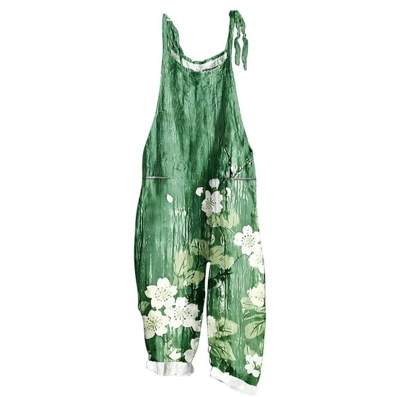 Plus Size Overalls Floral Jumpsuits for Women Linen Loose Casual Summer Rompers Boho Rompers Wide Leg Bib Overall with Pockets Jumpsuits for Women Casual Dressy Green 3XL