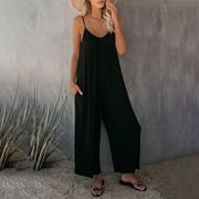 BSYOUFIER Plus Size Overalls for Women Clearance Deals Women's Loose Sleeveless Jumpsuits Strap Stretchy Long Pant Romper Jumpsuit With Pockets , Women's Jumpsuit , Womens Summer Clothes Black XL