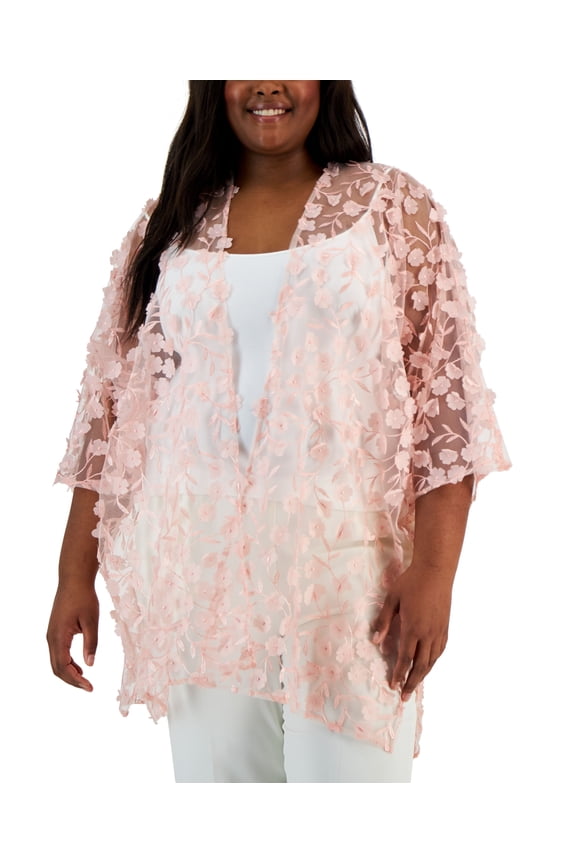 Plus Size Oversized Floral-Applique Side-Slit Sheer Cardigan Top Cherry Blossom 1SZ