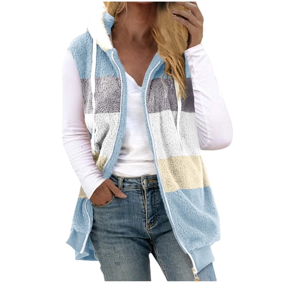Plus Size Oversized Vest Womens Fleece Warm Hooded Vest Color Block Sleeveless Zip Up Jacket with Pockets Womens Fall Winter Warm Outerwear