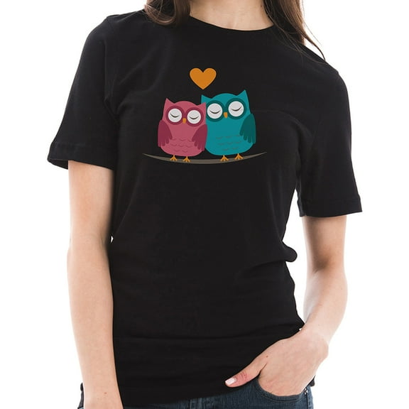 Plus Size Owl Love Couple Cotton Short Sleeve Graphic Shirt - Black XL