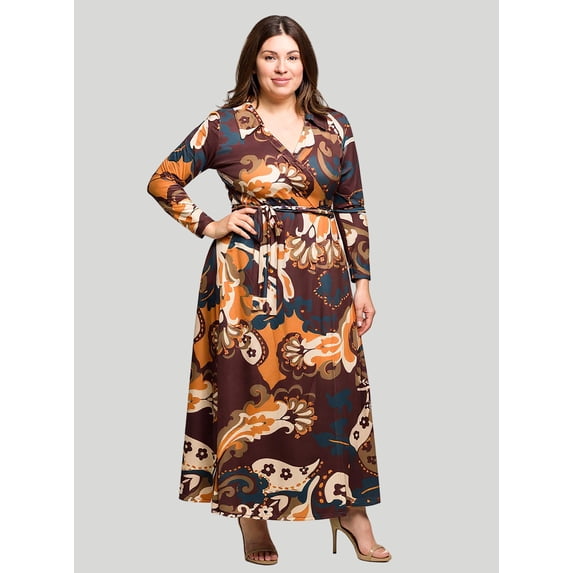 Plus Size Paisley Collared Wrap Maxi Dress