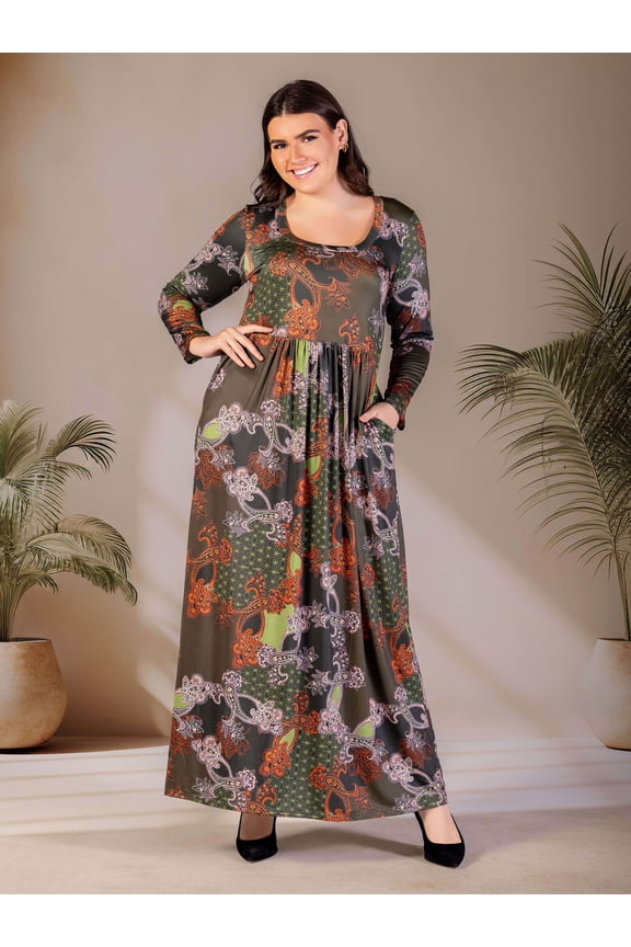 Plus Size Paisley Empire Waist Pleated Maxi Dress