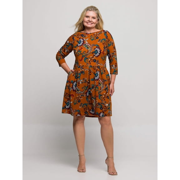 Plus Size Paisley Fit N Flare Pocket Dress