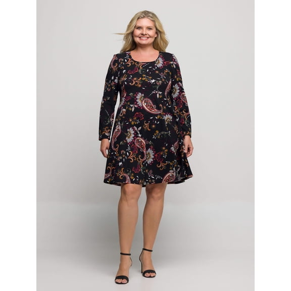 Plus Size Paisley Long Sleeve Skater Dress