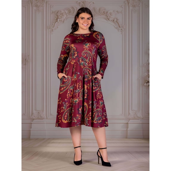Plus Size Paisley Pleated Fit N Flare Midi Dress