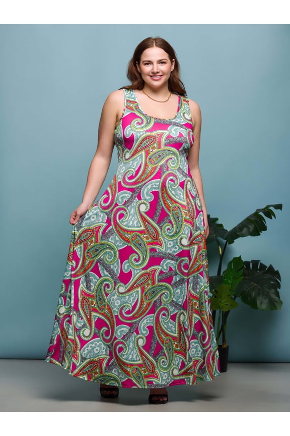Plus Size Paisley Scoop Neck Tank A Line Maxi Dress