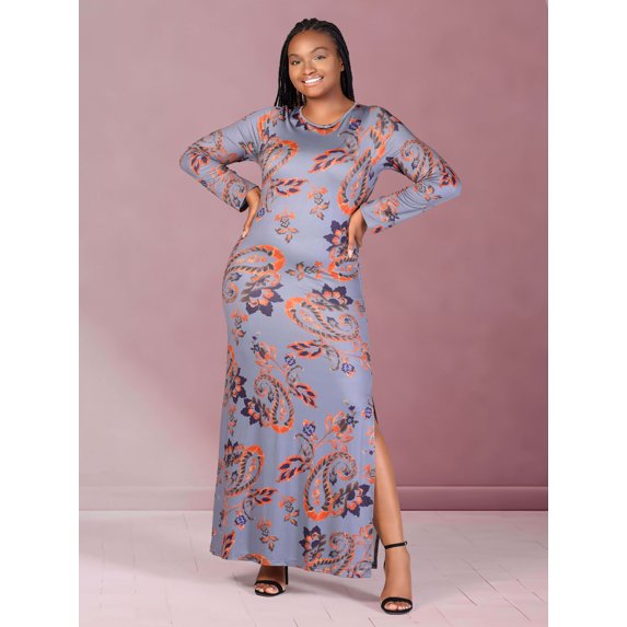 Plus Size Paisley Side Slit Fitted Maxi Dress