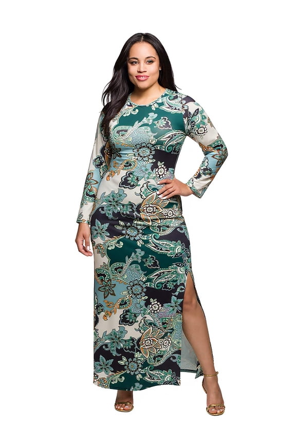 Plus Size Paisley Side Slit Fitted Maxi Dress