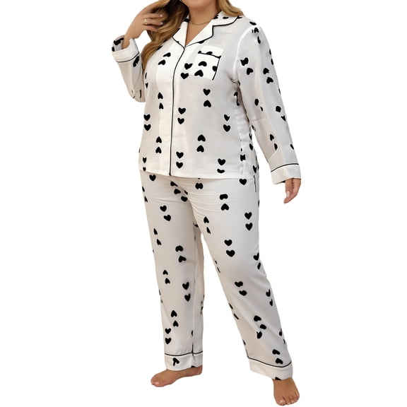 Plus Size Pajama Set Long Sleeve Button Down Printed Heart Pattern Soft Lightweight Women Sleepwear Loungewear Sets White XXL