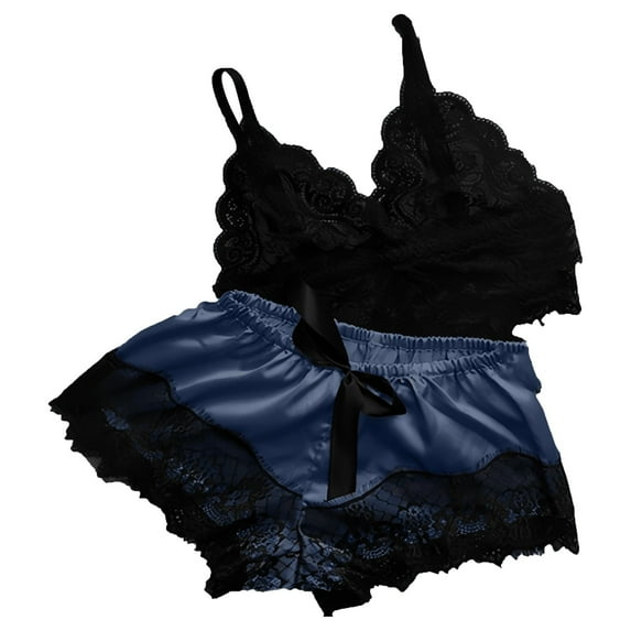 Plus Size Pajama Set New Womens Floral Lace Pajamas Set Sleepwear Cami Tops Bra and Panty 2 Piece Nightwear Pjs Loungewear Sets Style B-29 Blue L