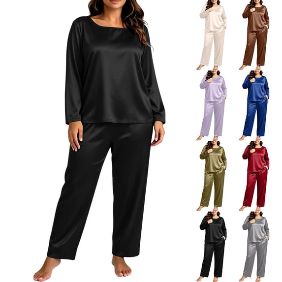 Plus Size Pajama Set for Women 2 Piece, Round Neck Long Sleeve Top With Side Pockets and Straight Leg Long Pants Solid Color Cool Sleepwear Loungewear