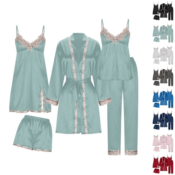 Plus Size Pajama Set for Women 5 Piece Pj Set Long Sleeve Lightweight Robe Lounge Top Pants Soft Cozy Comfortable Loungewear Casual Summer Fall Sleepwear