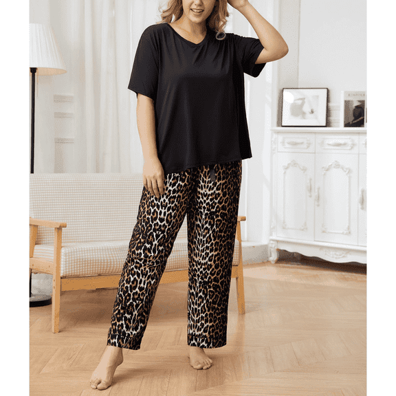 ebukurty Plus Size Pajama Sets for Women 2 Piece Short Sleeves V-neck Soft Sleepwear, Sizes 1XL-4XL