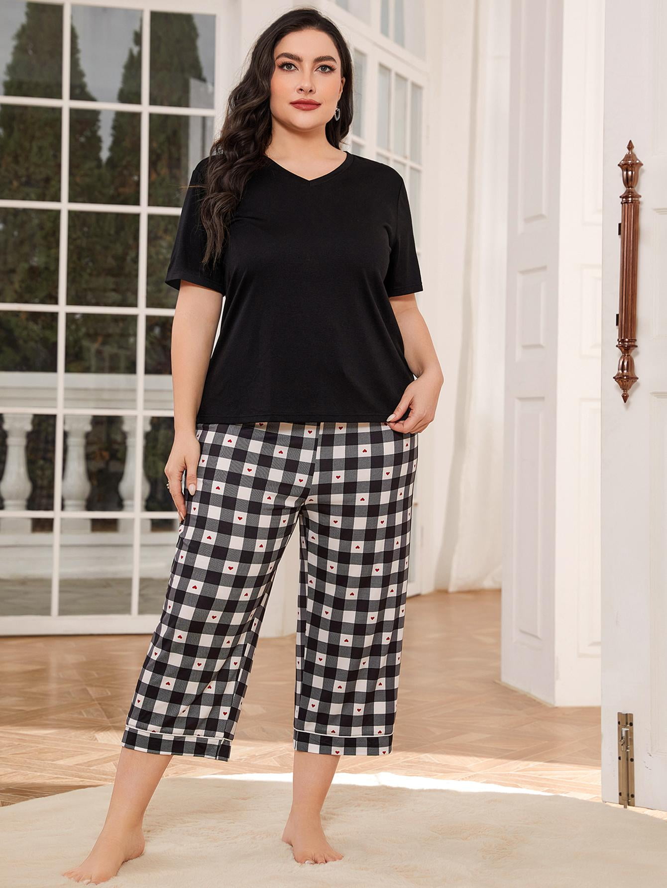 Plus Size Pajama Set for Women 2 Piece Sleepwear V Neck Short Sleeve ...