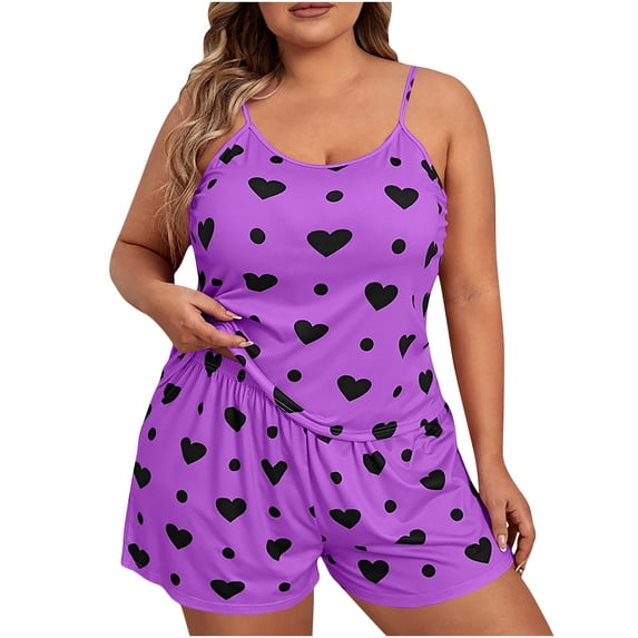 Plus Size Pajama Set for Women Cami Top & Shorts with Pockets, Cute Heart Printed, Soft Comfortable