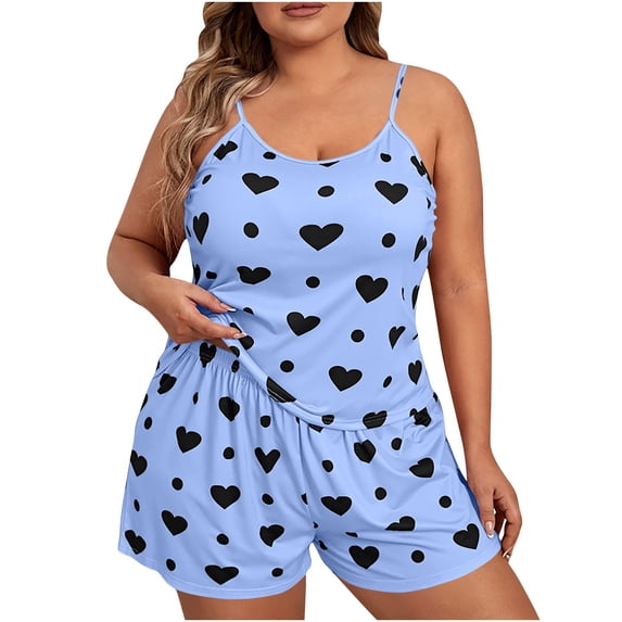 Plus Size Pajama Set for Women Cami Top & Shorts with Pockets, Cute Heart Printed, Soft Comfortable