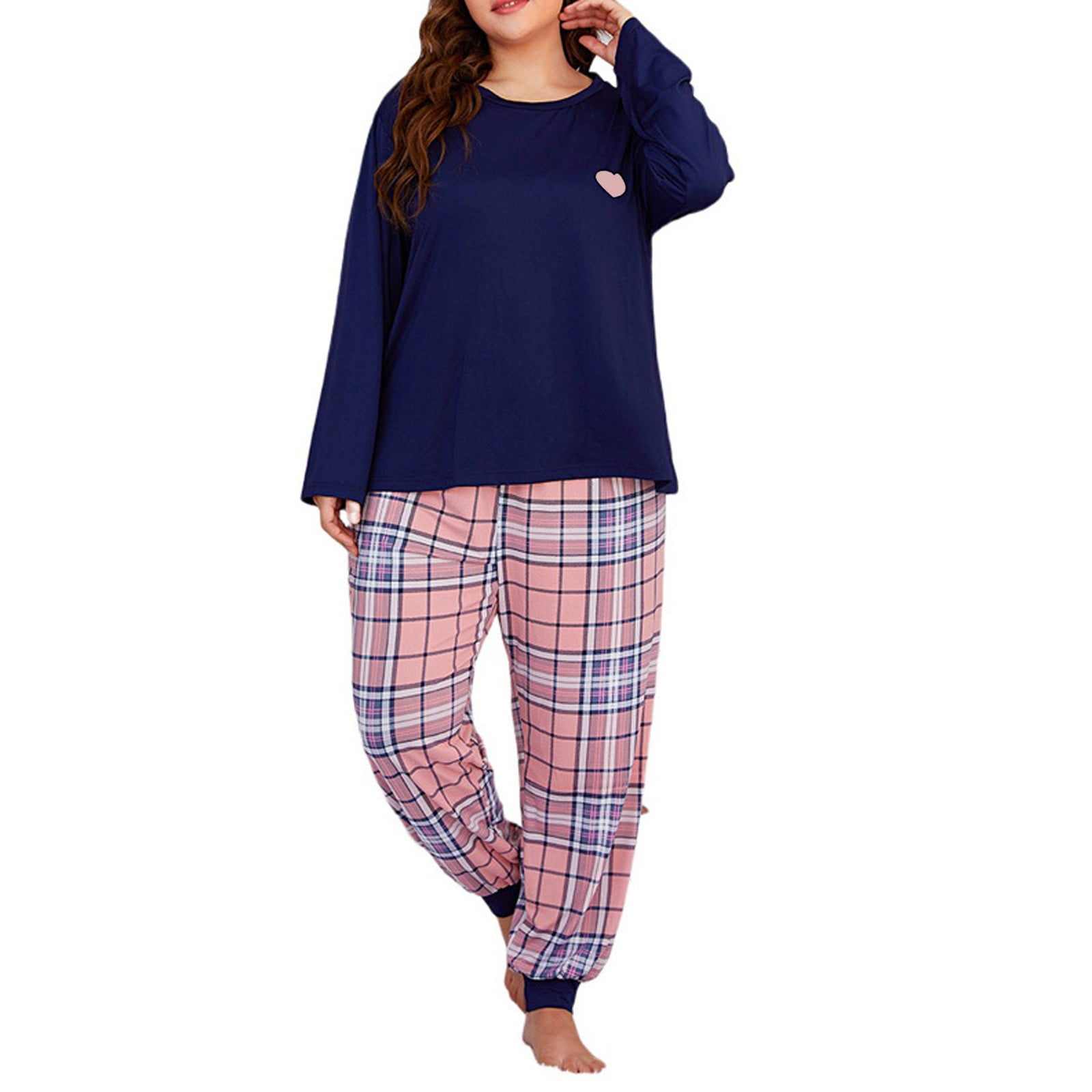 Plus Size Pajama Set for Women Casual Crewneck Long Sleeve Top and ...
