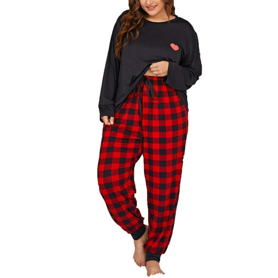 Plus Size Pajama Set for Women Casual Crewneck Long Sleeve Top and Plaid Pants 2 Piece Outfits Loungewear Sleepwear