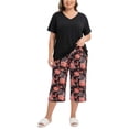 thumbnail image 1 of UNEEI Plus Size Pajamas Set for Women,2 Piece Loungewear Set Floral Sleepwear for Spring Summer Fall,Soft Lightweigh V Neck Short Sleeve Top and Capri Pants, 3XL Black, 1 of 8