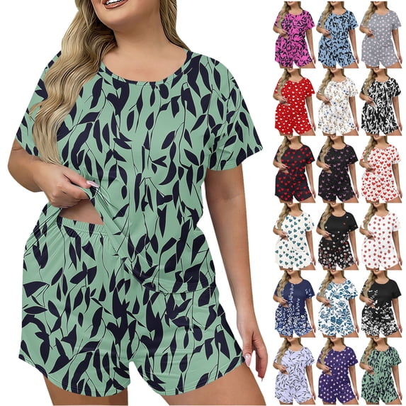 Plus Size Pajamas Set for Women Ndbuld Women's Fashion Plus Size Printed Home Short Sleeved Top Pocket Shorts Pajama Set Green XXXXL