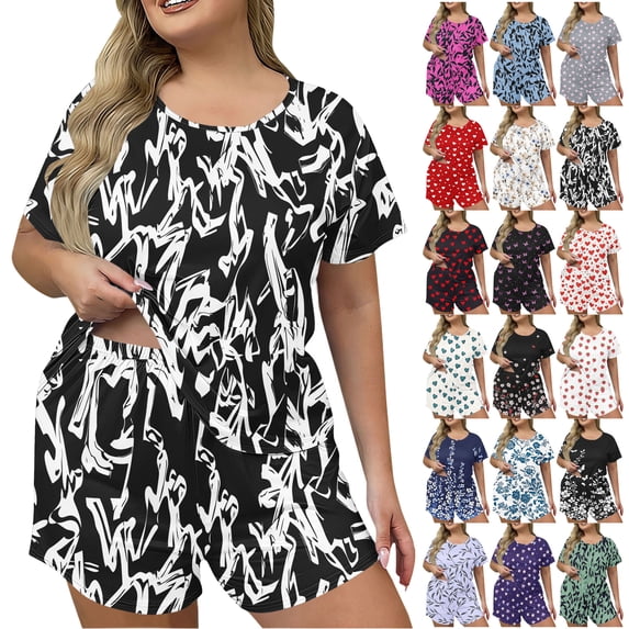 Plus Size Pajamas Set for Women Ndbuld Women's Fashion Plus Size Printed Home Short Sleeved Top Pocket Shorts Pajama Set Khaki XXL