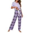 thumbnail image 1 of Plus Size Pajamas Sets for Women Long/Short Sleeve Crewneck Tops with Loose Plaid Long Pants Lounge Sets Sleepwear, 1 of 7
