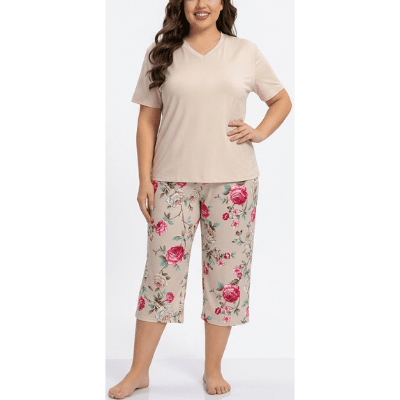 Plus Size Pajamas: Syphorium Womens Plus Size Pajamas, Short Sleeve Sleepwear Top with Capri Pants Prints 2 Piece Pjs Loungewear