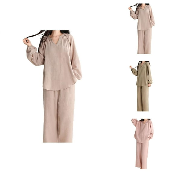 Plus Size Pajamas for Women – Cotton Pajama Sets & Lounge Sets Women's Double Pajamas Thin V Neck Cover Elegant Loose Can Be Worn Outside The Home Suit