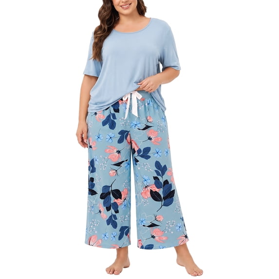 Plus Size Pajamas for Women, LOFIR Crew Neck Elbow sleeve Top & Wide Leg Capri Pants 2 Piece Pj Set, Lightweight Loungewear for Home, Relaxing and Daily Wear, Light Blue 3XL