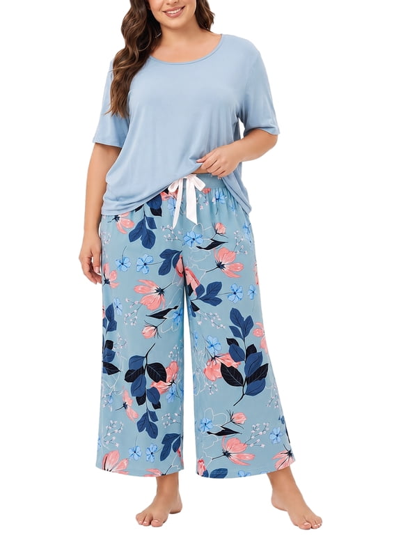 Plus Size Pajamas for Women, LOFIR Crew Neck Elbow sleeve Top & Wide Leg Capri Pants 2 Piece Pj Set, Lightweight Loungewear for Home, Relaxing and Daily Wear, Light Blue 3XL