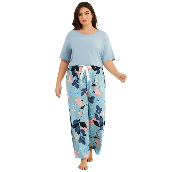 Plus Size Pajamas for Women, LOFIR Round Neck Soft Rayon Sleepwear Loungewear, Lightweight Short Sleeve Top and Floral Pants PJS for Home & Bedroom 3XL Light Blue