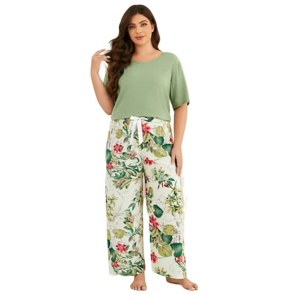 Plus Size Pajamas for Women, LOFIR Round Neck Soft Rayon Sleepwear Loungewear, Lightweight Short Sleeve Top and Floral Pants PJS for Home & Bedroom 4XL Green