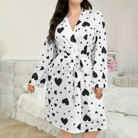Plus Size Pajamas Women Robes Elegant Ribbon White Print Ladies Long Sleeve Sleepwear House Coat Winter Clothing for Women Black L