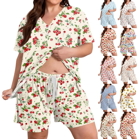 Plus Size Pajamas for Women Set V Neck Button Top Elastic Drawstring Shorts Womens Short Sets Summer Soft Cherry Print Loungewear with Pockets Beige 2XL